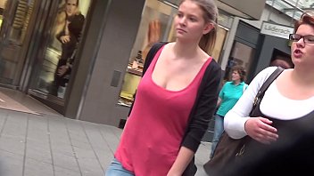 Busty german teen candid bouncing boobs in red top part 3