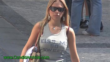 Busty blonde teen w sunglasses #2 in the street, candid bouncing boobs HD