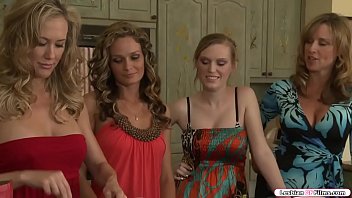 Stepmom and her stepteen are cooking with her friends.Suddenly,her stepteen asks them to kiss each other since they are not related.Stepmom brings her to her room and instead of getting mad,they get horny and start licking each others pussy.