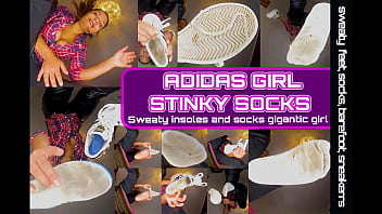 You lie at this girl's feet and she shows you her shoe soles, which you have to lick clean. Then she takes off her sweaty shoes and sticks her sweaty dirty socks in your face, smells her sweaty stinky socks