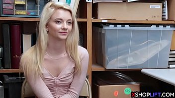 Blonde petite teen with a tighty pussy hard fucked by a mall cops fat cock in his back office after she gave stolen things to her friend