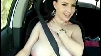 huge boobs car flashing with safety belt