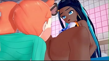 Gym leader Nessa gets fucked by Sonia in the locker room.